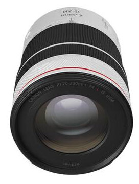 Obiektyw Canon, 70-200mm. Czarno-biały z czerwonym akcentem.