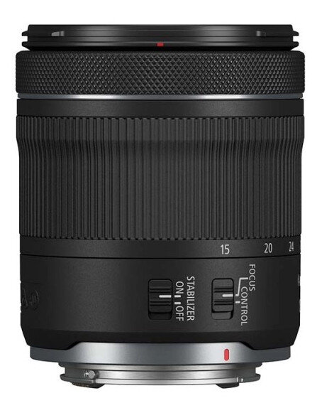 Czarny obiektyw Canon z pierścieniem kontroli ostrości i przełącznikami stabilizacji, z numerami z boku.