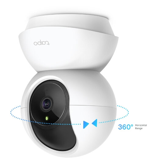 Biała kamera bezpieczeństwa z obrotową głowicą, pokazująca zakres poziomy 360 stopni.