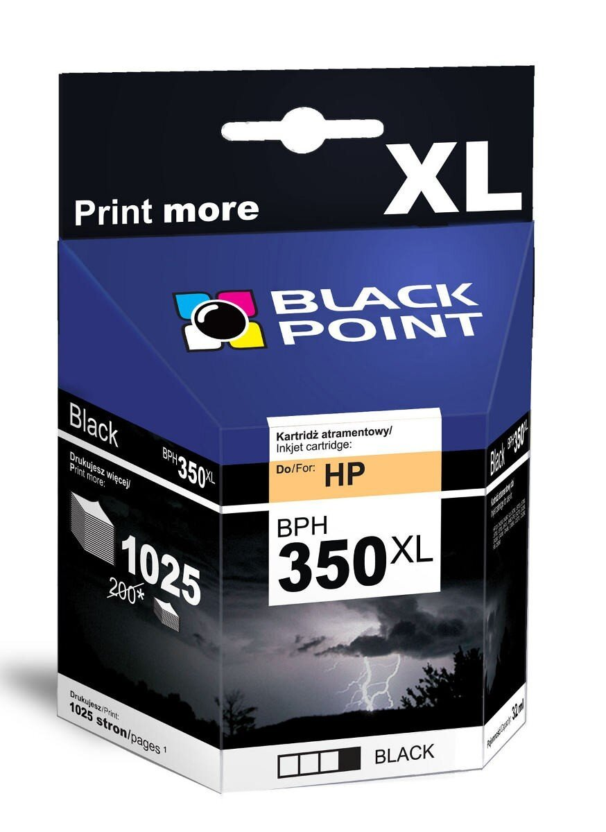 Pudełko z wkładem atramentowym Black Point HP 350XL. Pokazuje czarny wkład atramentowy z burzliwym tłem.