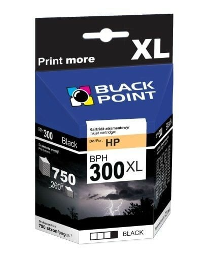 Pudełko z wkładem atramentowym z czarnym tuszem, czarno-niebieskim designem i obrazem burzliwego nieba. Napis 'Print more'.