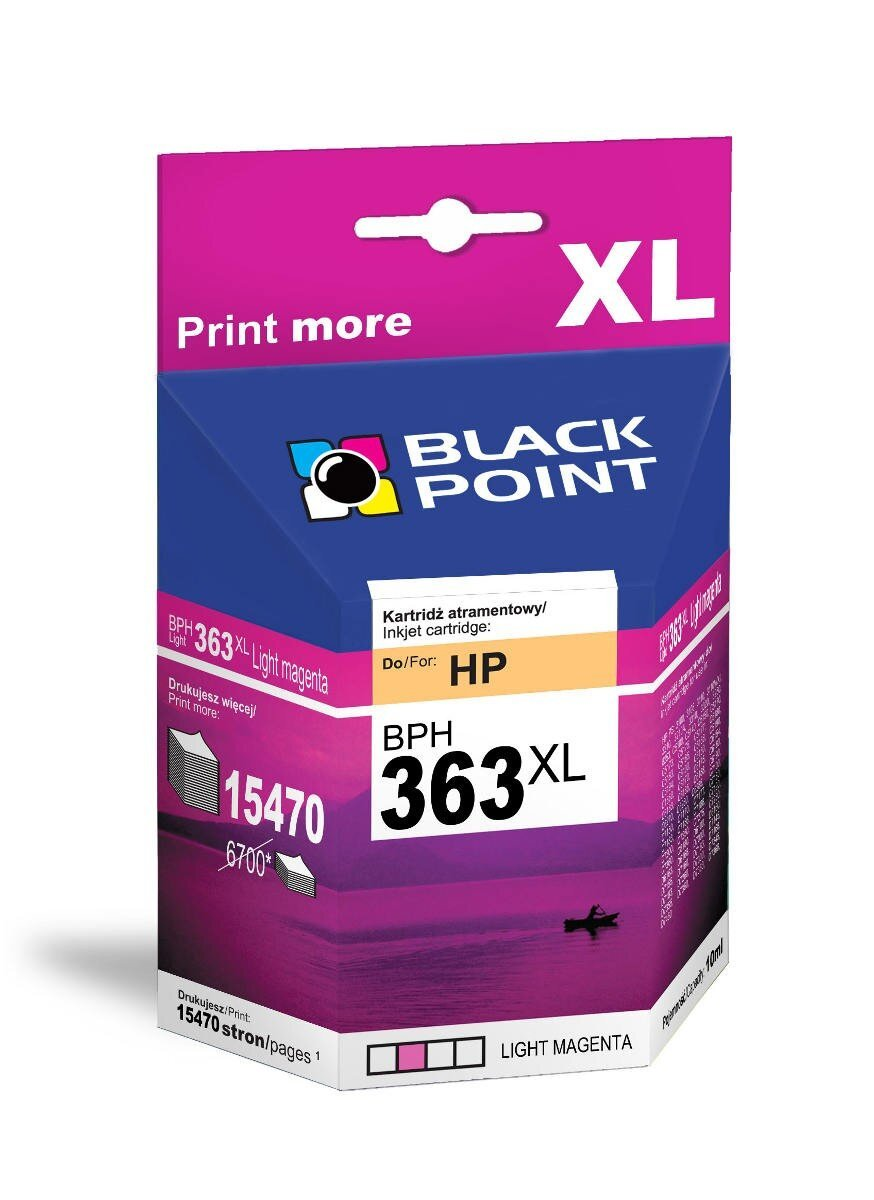 Magenta i niebieskie pudełko z wkładem atramentowym Black Point z tekstem na białym tle.