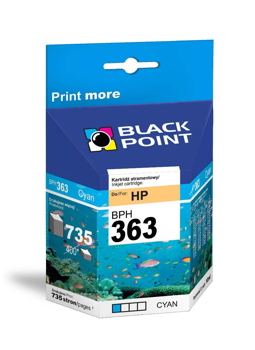 Pudełko z wkładem atramentowym cyjan Black Point z kolorową podwodną sceną.