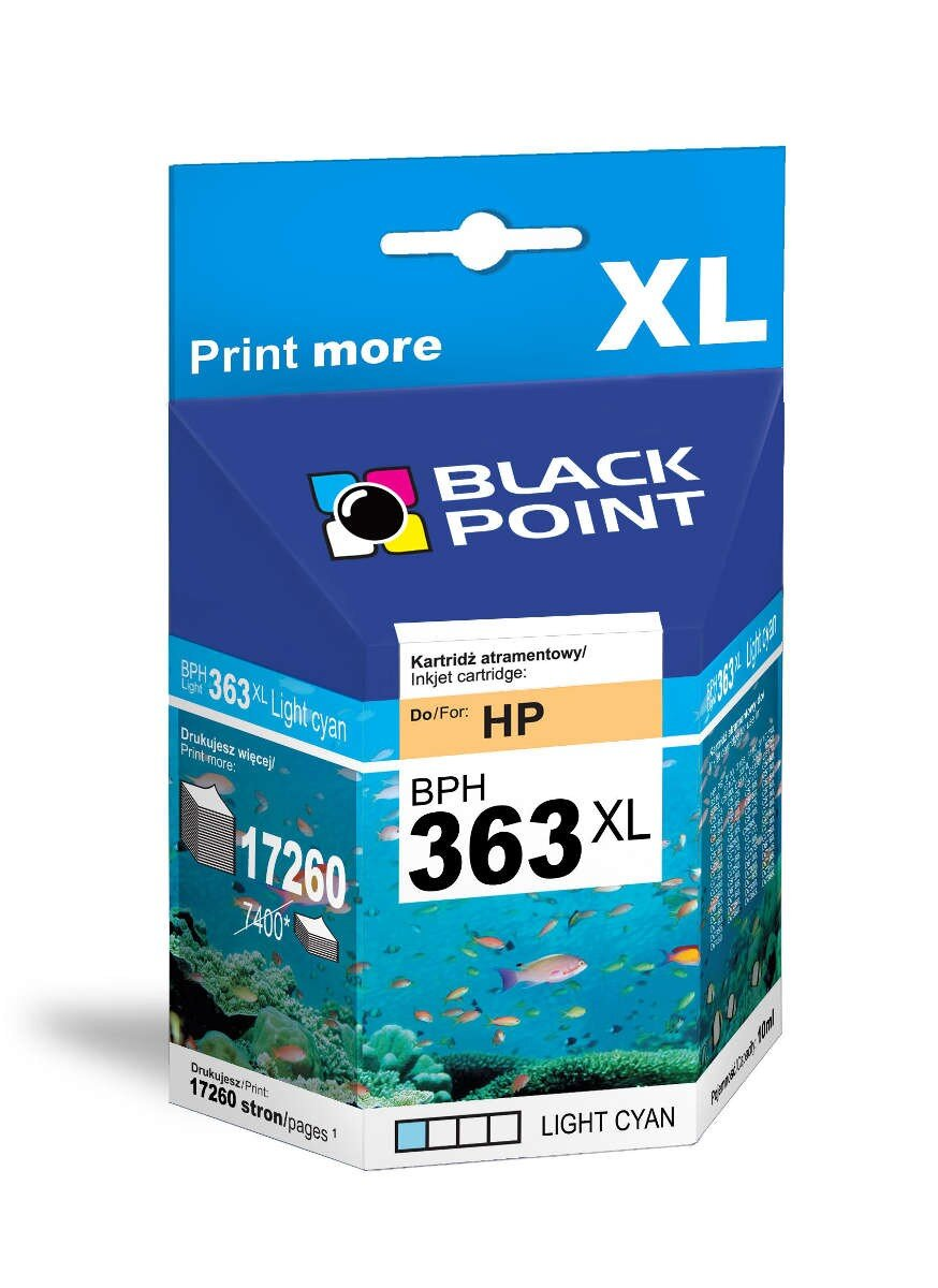 Pudełko z wkładem atramentowym Black Point, kolor jasny cyjan. Pokazuje podwodną scenę z rybami.