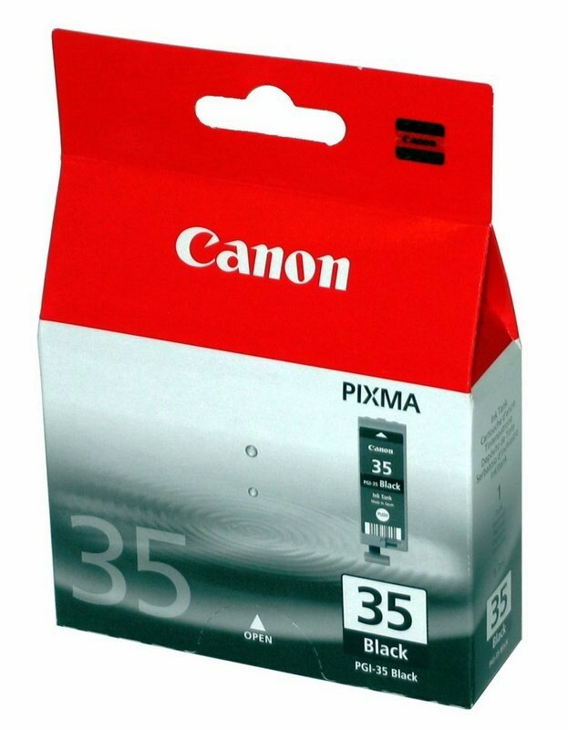 Pudełko z wkładem atramentowym Canon, czerwono-białe, z czarnym wkładem w środku. Tekst: Canon, 35, PGI-35 Black.