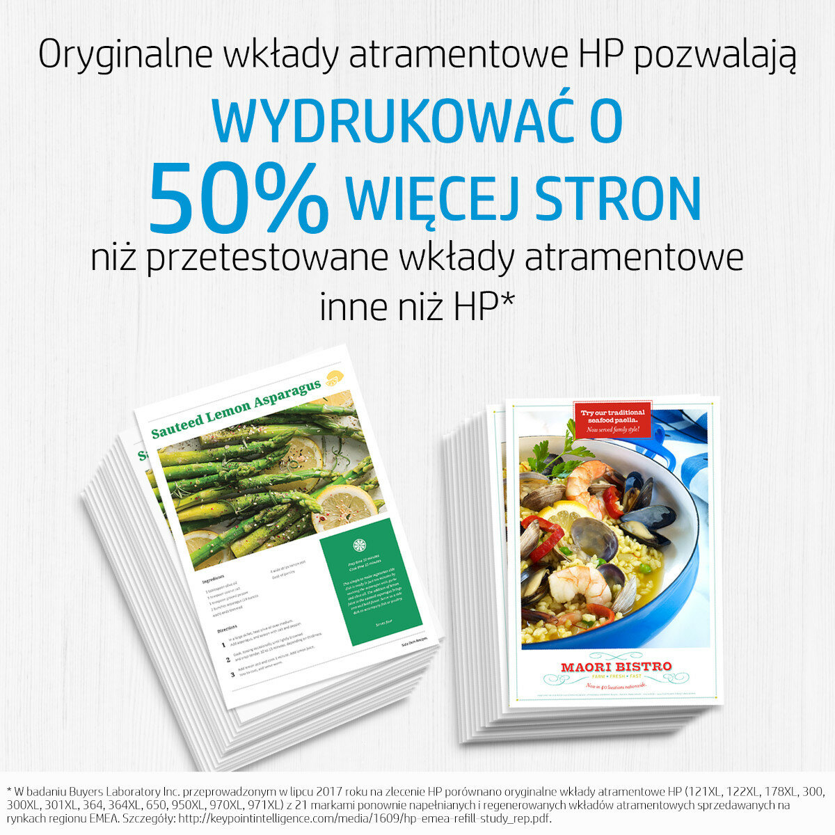 Dwie wydrukowane strony z tekstem i zdjęciami, z tekstem '50% więcej stron' nad nimi.