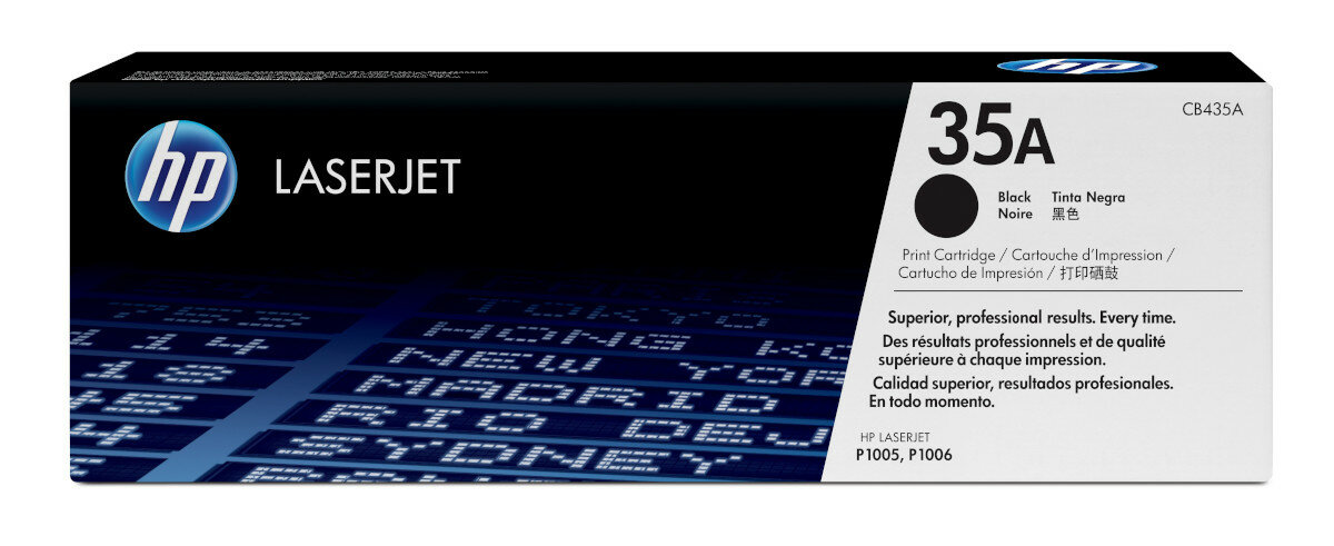 Czarno-białe pudełko z wkładem do drukarki HP LaserJet, ze szczegółowym wzorem.