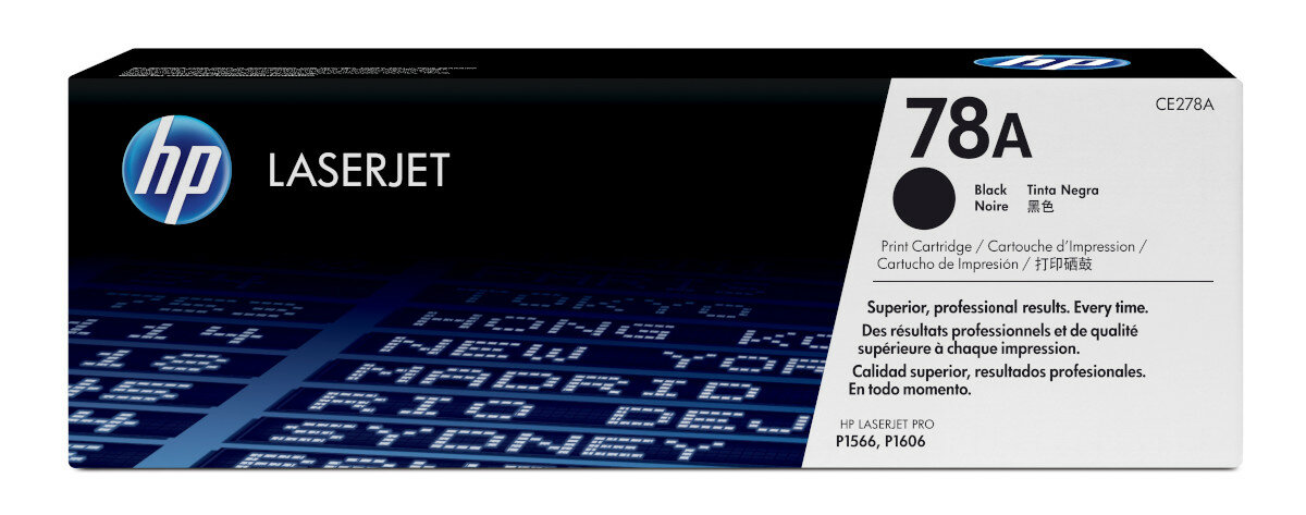 Czarny toner HP LaserJet 78A, z widokiem na krajobraz miejski.