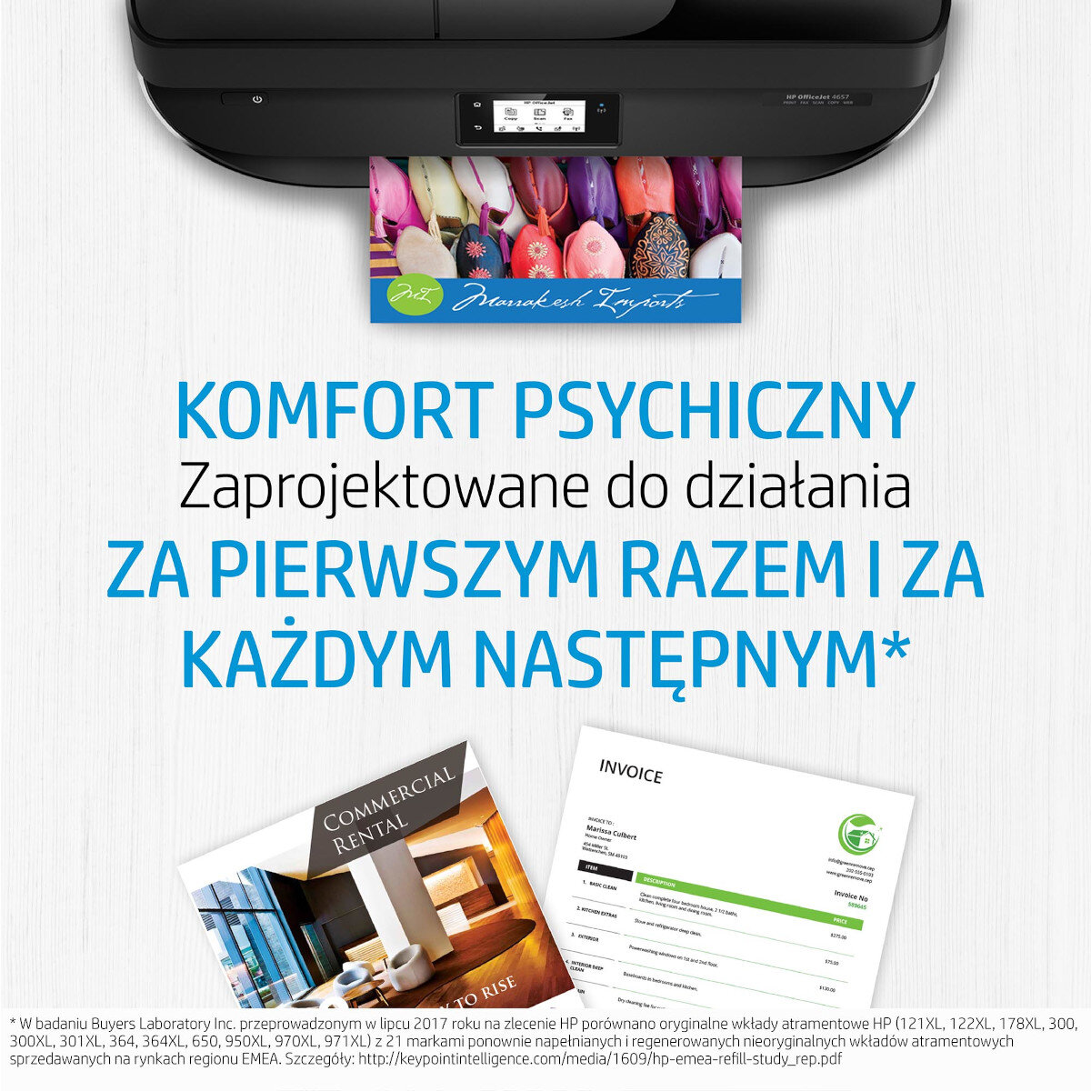 Drukarka drukująca kolorowe obrazy. Tekst w języku polskim.