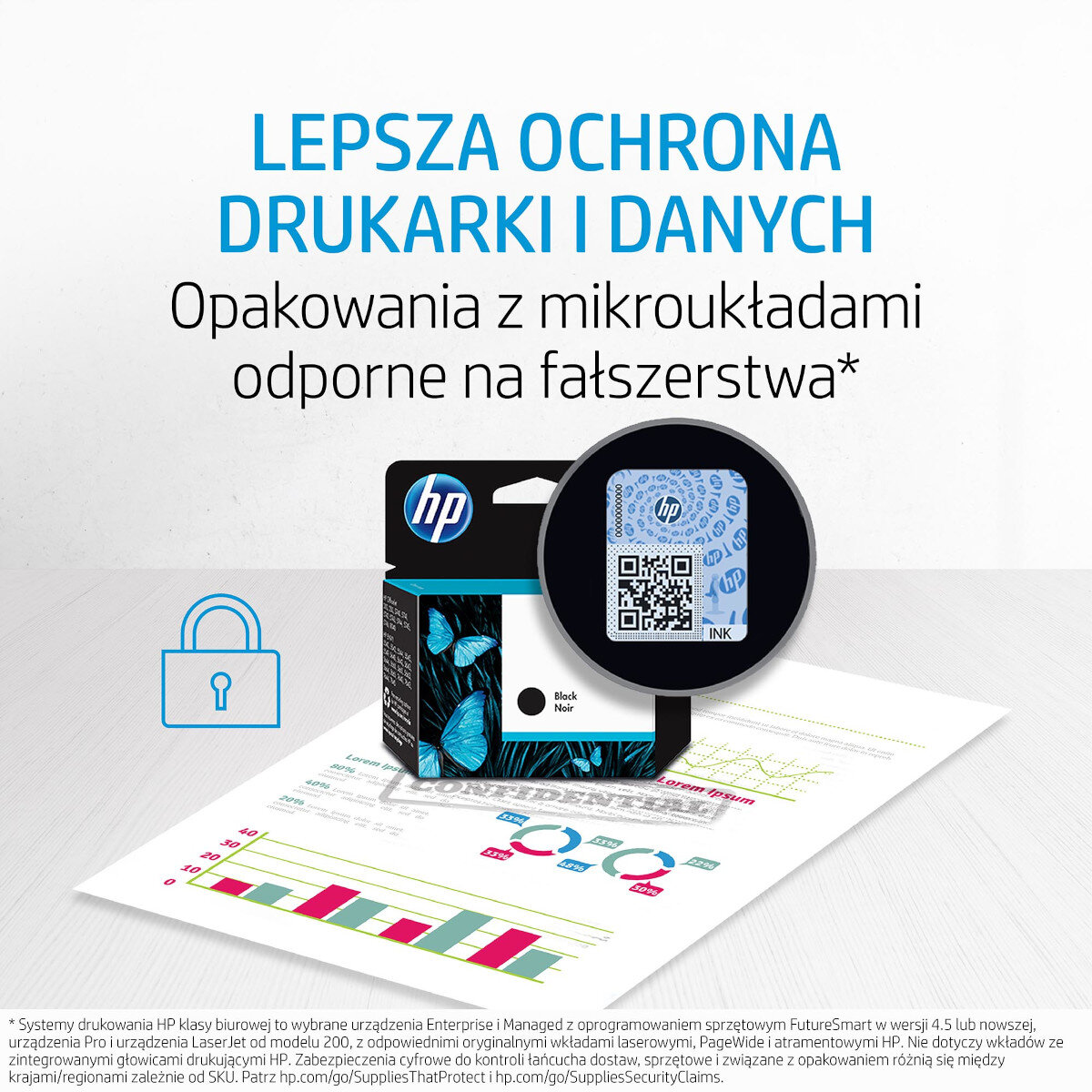 Reklama tuszu do drukarki HP. Pokazuje opakowanie tuszu i hologram zabezpieczający.
