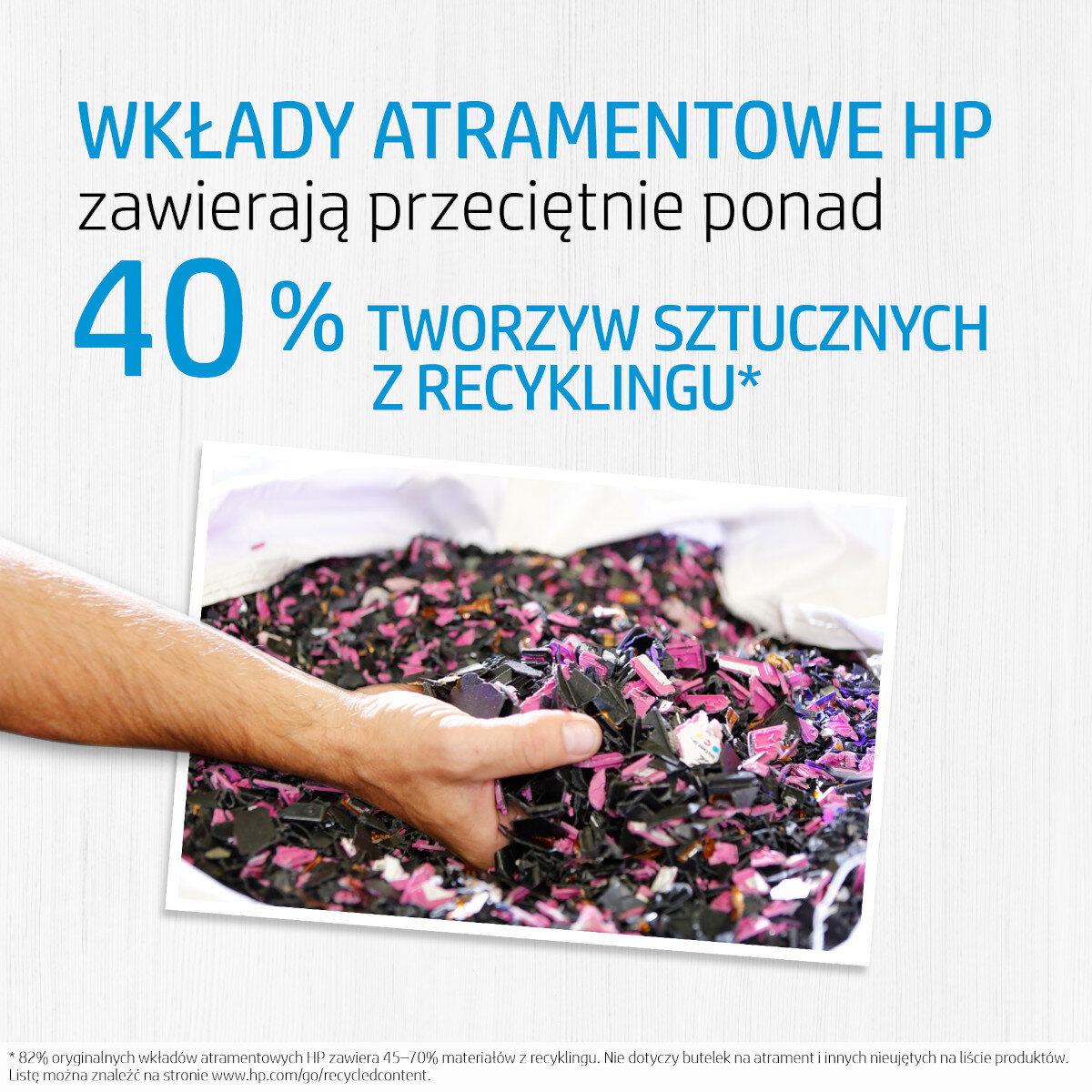 Ręka trzymająca torbę z recyklingowanego plastiku. Tekst wskazuje, że tusz HP zawiera 40% materiałów z recyklingu.