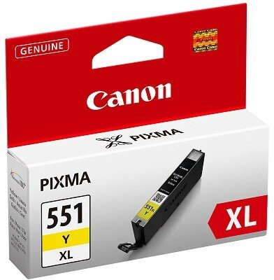 Wkład atramentowy Canon Pixma 551 Y XL w czerwono-białym pudełku. Widoczny żółty wkład.
