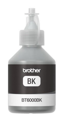 Czarna butelka z tuszem z białą etykietą 'BK' i 'BT6000BK'. Butelka na białym tle.