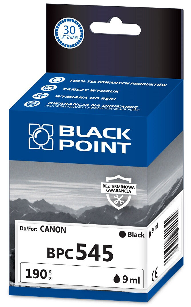 Pudełko z czarnym wkładem atramentowym Black Point BPC545. Pudełko jest niebieskie z logo marki. Zawiera napisy '190 stron' i '9 ml'.