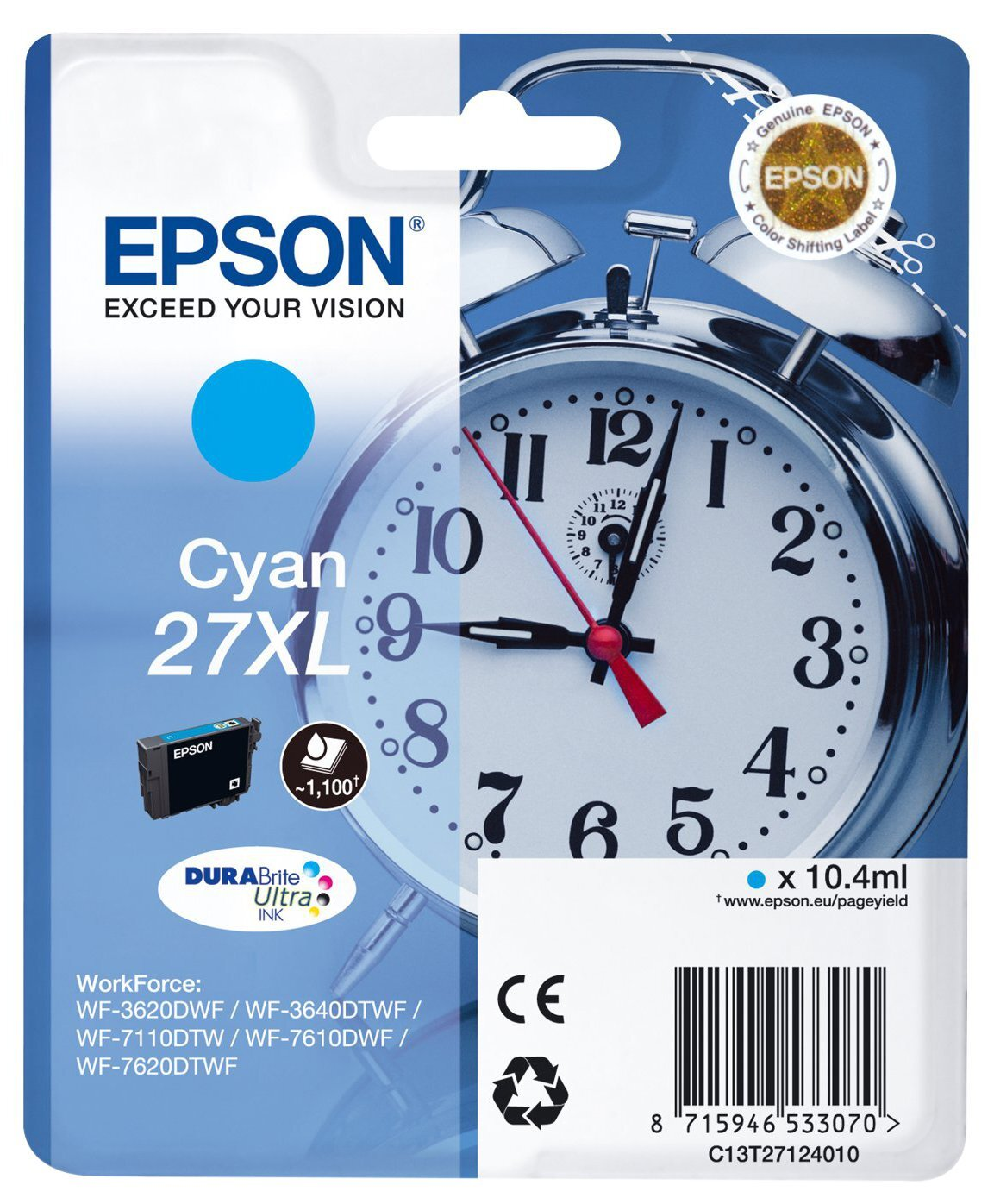 Pudełko z wkładem atramentowym Epson Cyan 27XL. Zawiera zegar i logo Epson oraz napis 'Exceed Your Vision'.