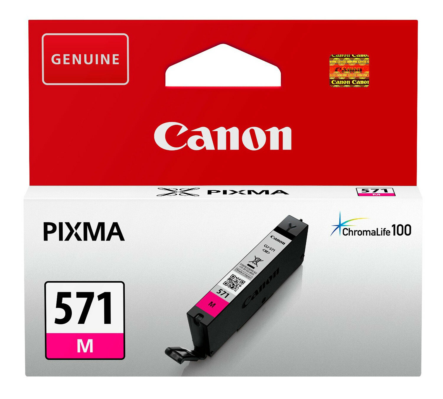 Pudełko z wkładem atramentowym Canon PIXMA z wkładem atramentowym w kolorze magenta w środku.