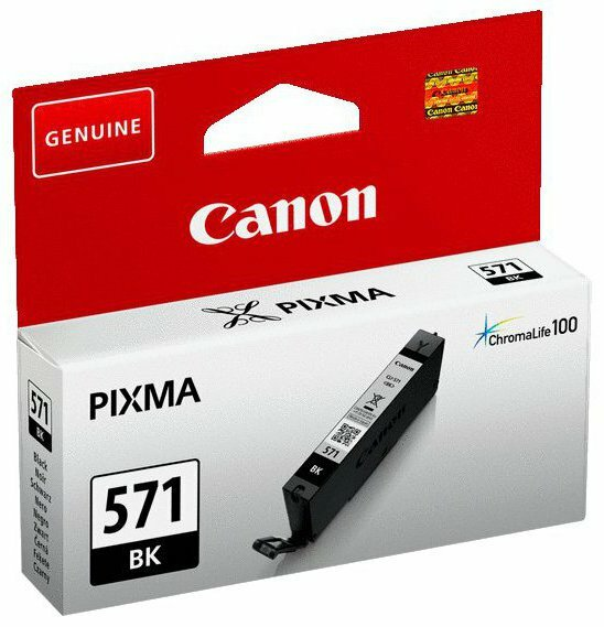 Pudełko z wkładem atramentowym Canon PIXMA 571 BK. Pudełko jest czerwono-białe, z czarnym wkładem w środku.