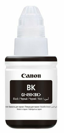 Butelka z tuszem Canon GI-490. Czarny tusz w białej butelce. Czarna etykieta z tekstem i czarną nakrętką.