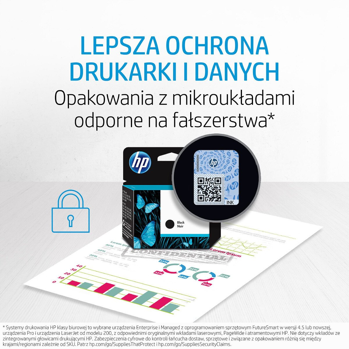 Opakowanie z tuszem do drukarki HP w niebiesko-czarnym designie, z kodem QR.