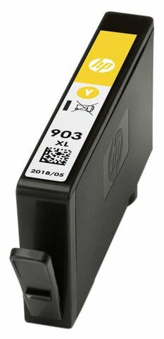 Żółty wkład atramentowy HP z białą etykietą. Widoczny tekst i logo.