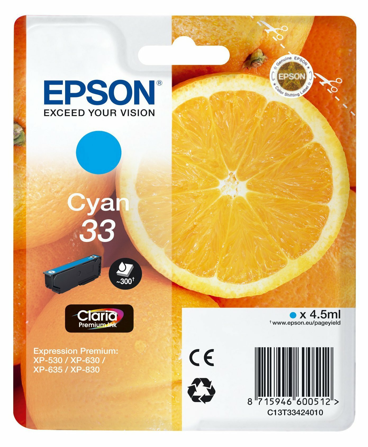 Opakowanie wkładu atramentowego Epson. Opakowanie pokazuje tusz cyjanowy i pomarańcze.