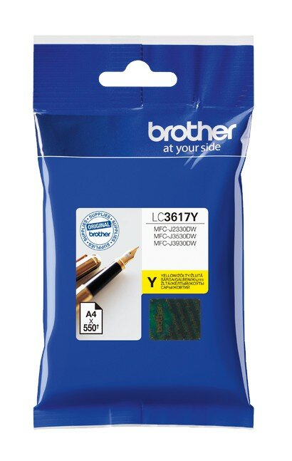 Niebieskie opakowanie wkładu atramentowego Brother z tekstem 'LC3617Y' i 'YELLOW'.