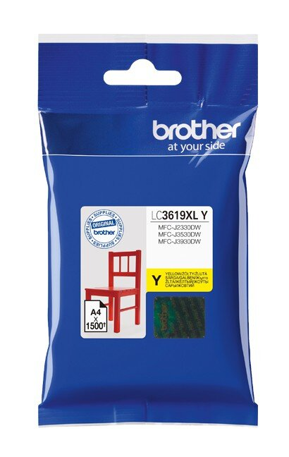 Niebieski pakiet z wkładem atramentowym Brother. Zawiera grafikę czerwonego krzesła i żółtą etykietę z tuszem.