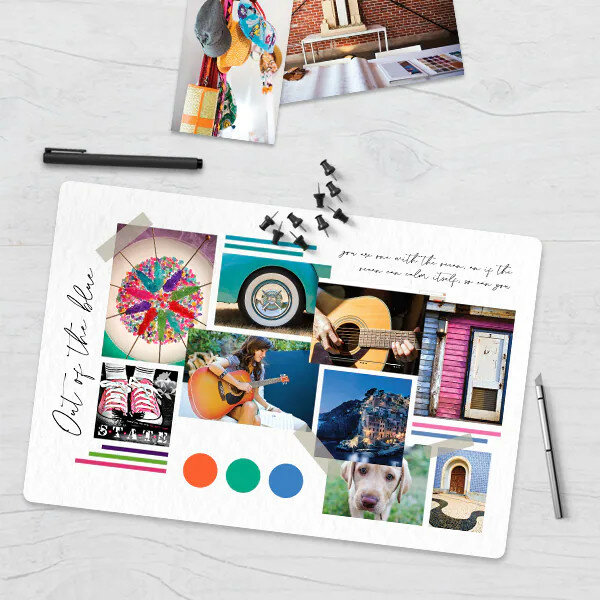 Kolaż ze zdjęciami i ręcznie pisanym tekstem na białym tle, z próbkami kolorów.