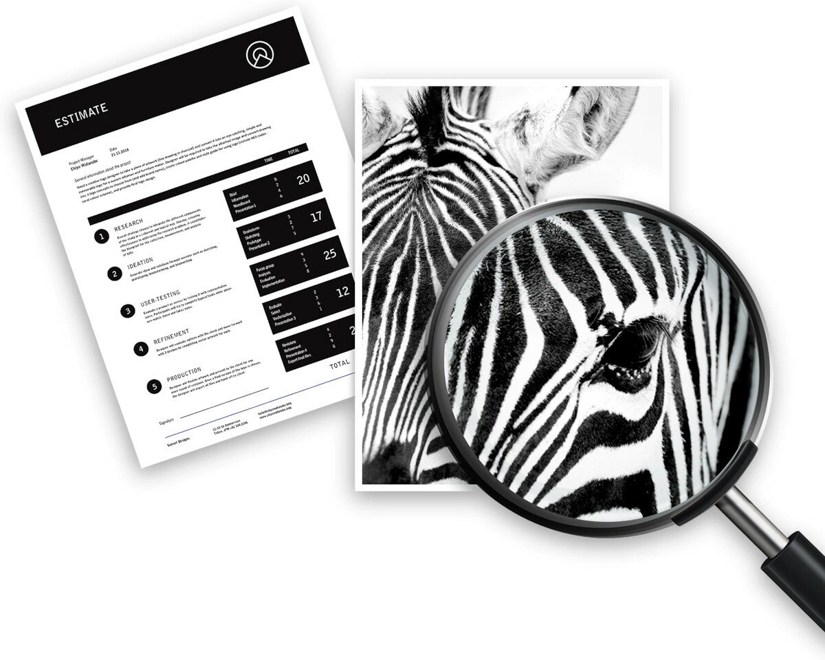 Zdjęcie zebry powiększone przez lupę. Po lewej biały dokument z czarnym tekstem.
