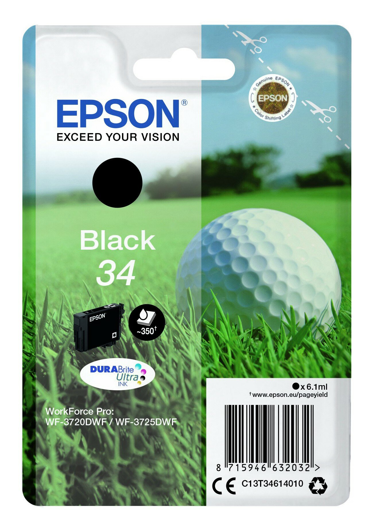 Opakowanie tuszu Epson. Czarny wkład na trawie, piłka golfowa. Białe tło z błękitnym niebem.