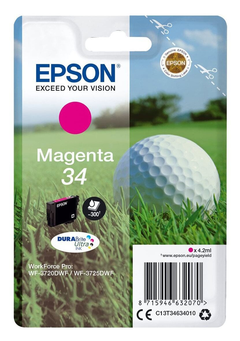 Wkład z tuszem Epson magenta z piłką golfową na trawie.