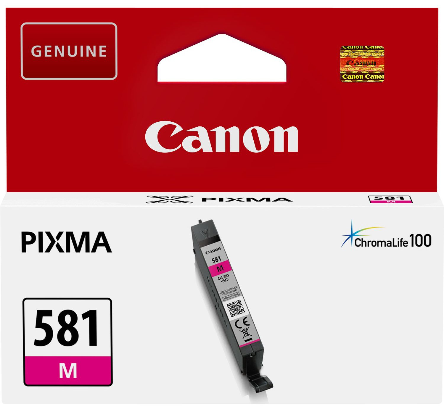 Pudełko z wkładem atramentowym do drukarki Canon z wkładem magenta. Pudełko jest czerwono-białe.