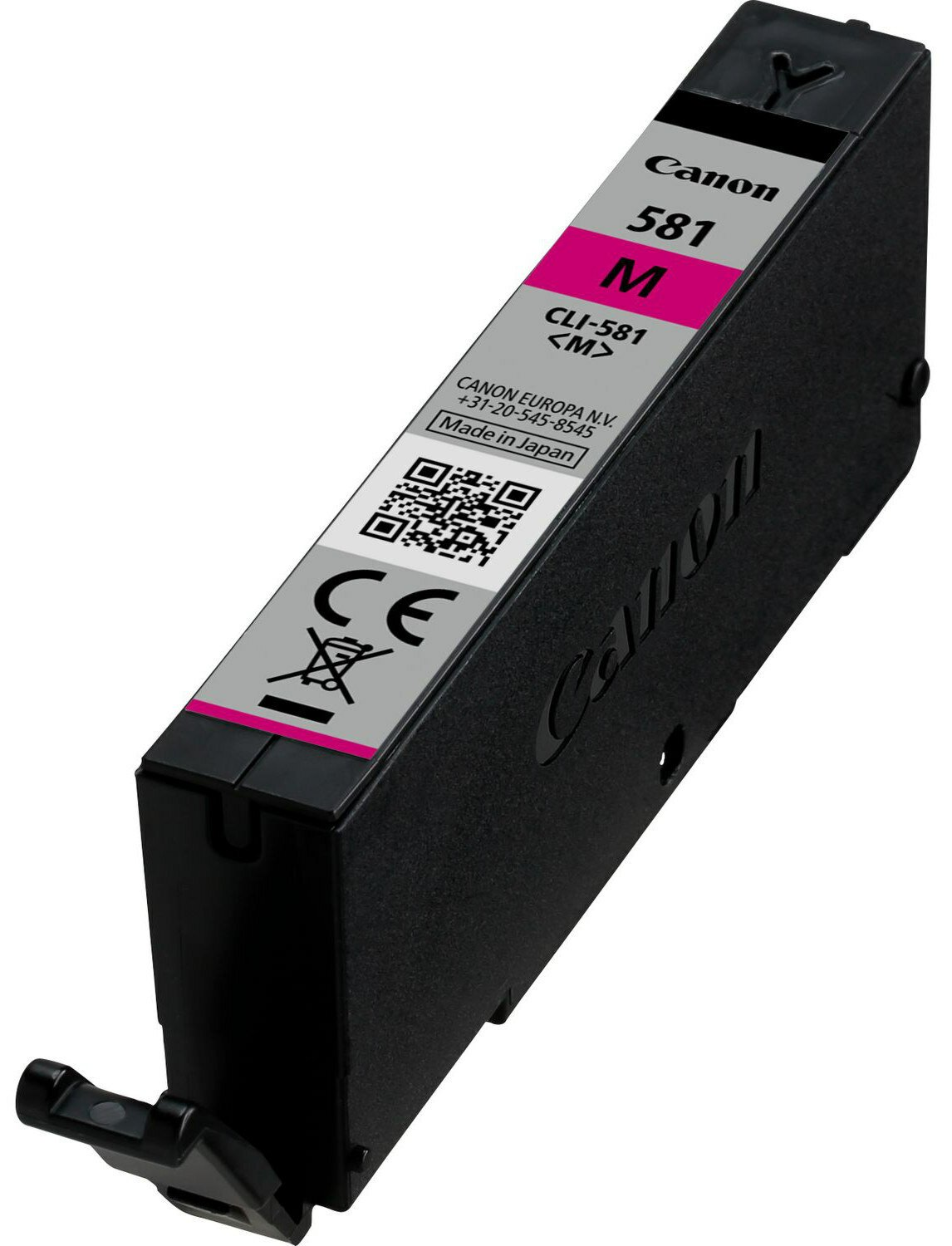 Wkład atramentowy Canon, czarny z różową etykietą, widok z boku.