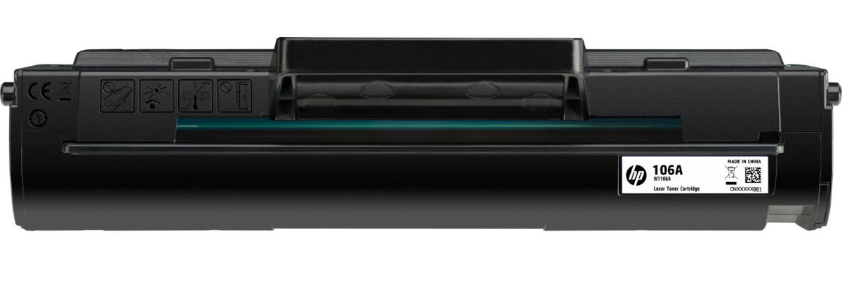 Czarny toner HP 106A. Widoczne szczegóły etykiety i informacje techniczne.