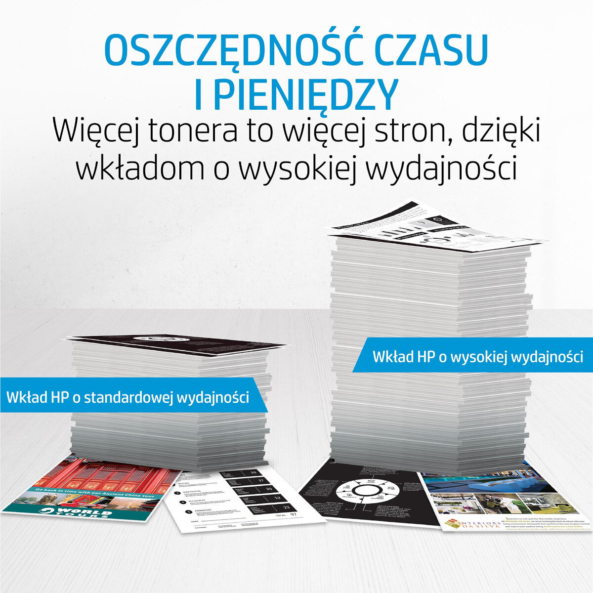 Stos papierów z tekstem. Tekst: Oszczędność czasu i pieniędzy. HP o wysokiej wydajności vs standard.