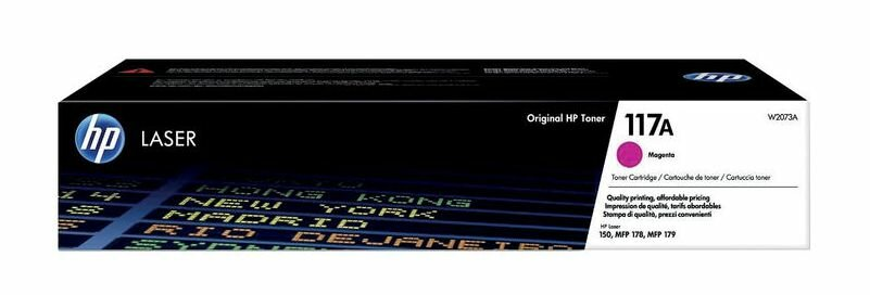 Pudełko z tonerem laserowym HP. Czarny z wkładem magenta. Biała etykieta mówi 117A. Opakowanie ma motyw podróży.