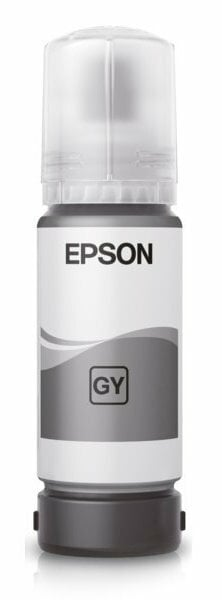 Butelka z szarym tuszem Epson z białą etykietą. Butelka jest cylindryczna z ciemnoszarą podstawą.