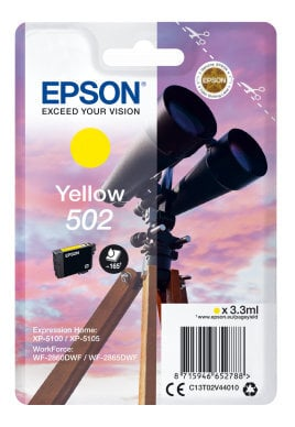 Żółty wkład atramentowy Epson z obrazem teleskopu. Opakowanie z marką i szczegółami wkładu.