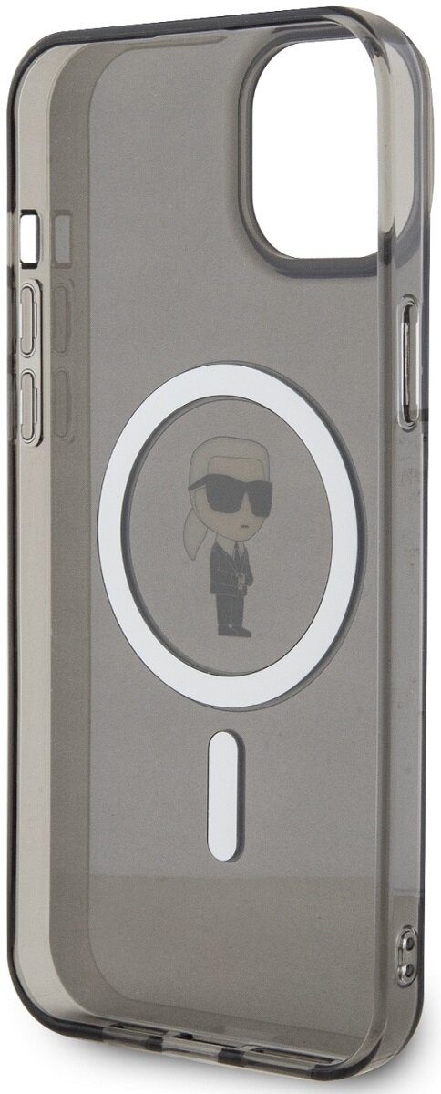 Przezroczyste czarne etui na telefon z motywem Karla Lagerfelda i białym okrągłym detalem.