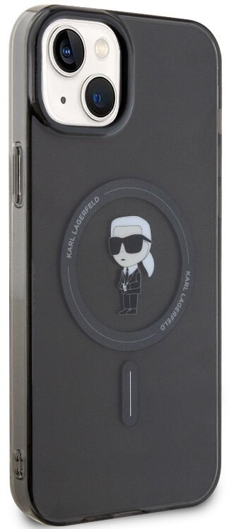 Zbliżenie czarnego etui na iPhone'a z motywem Karla Lagerfelda z tyłu.