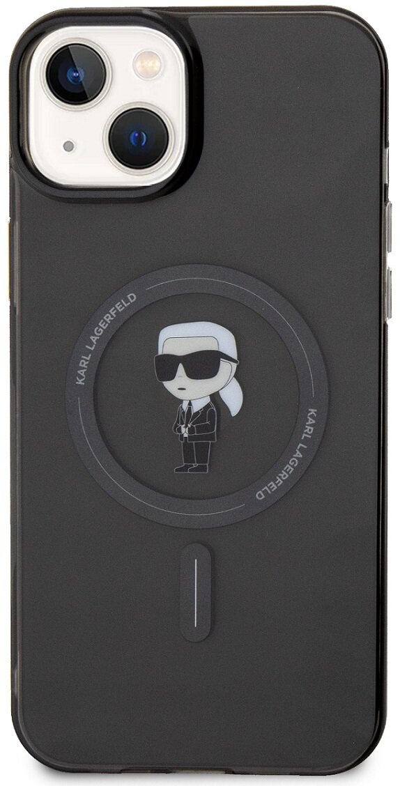 Czarne etui na iPhone z logo Karl Lagerfeld. Czarne tło.