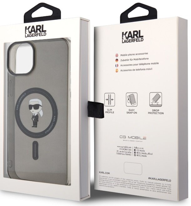 Opakowanie etui na telefon Karl Lagerfeld. Etui w pudełku. Czarne etui. Białe tło.