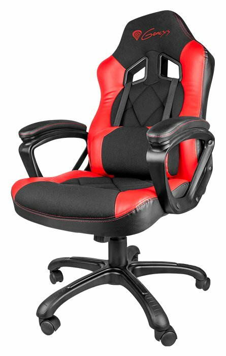 Czerwono-czarny fotel gamingowy. Ma czarną podstawę z kółkami. Logo Genesis na zagłówku.