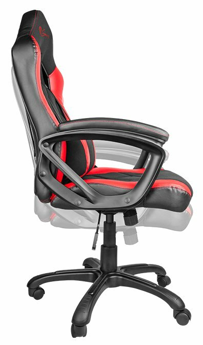 Czarny i czerwony fotel gamingowy z boku, pokazujący oparcie i siedzisko.