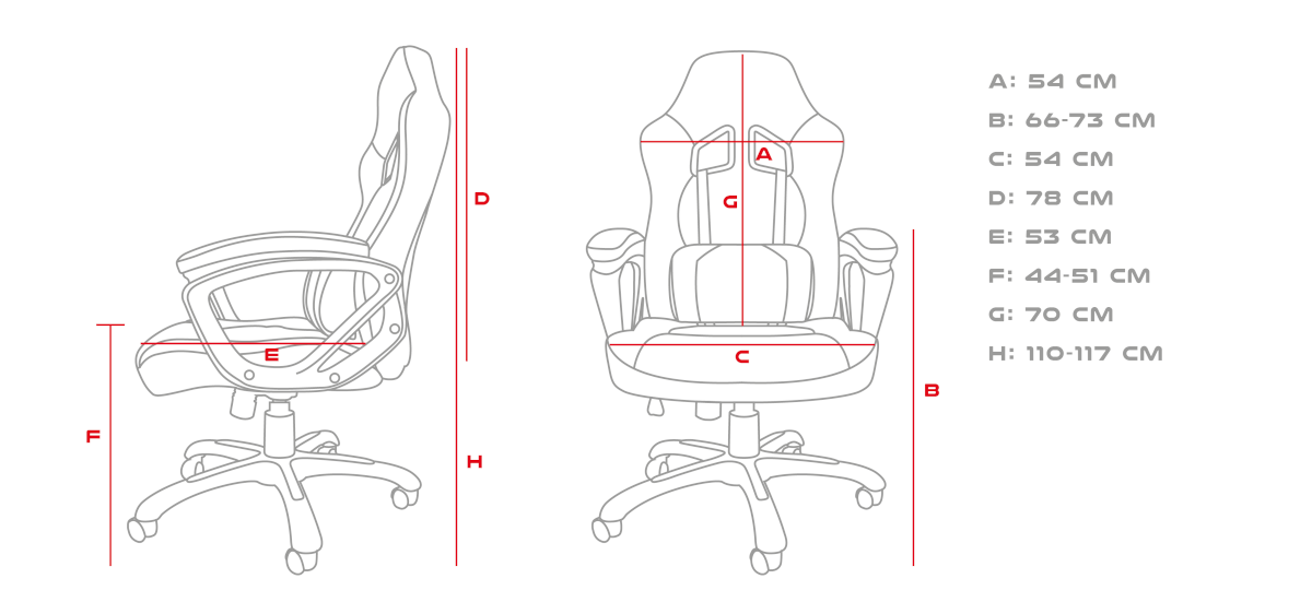 Rysunek liniowy fotela do gier z oznaczonymi wymiarami, pokazujący widoki z boku i z przodu. Wymiary podano w cm.