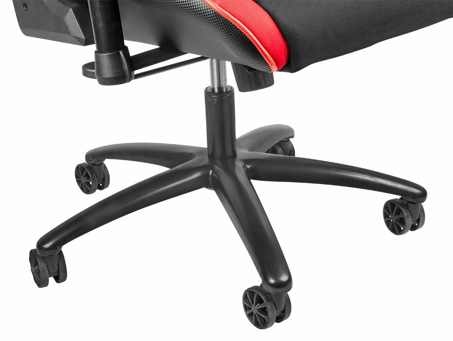 Zdjęcie przedstawia czarną, pięcioramienną podstawę krzesła biurowego z kółkami.