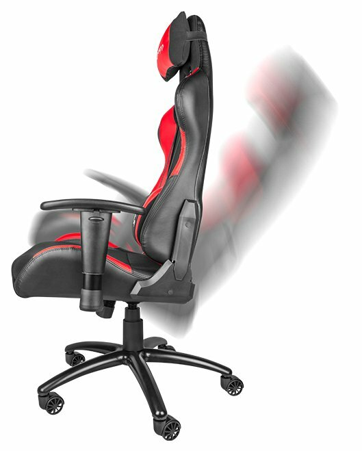 Czarny i czerwony fotel gamingowy z zagłówkiem. Rozmycie ruchu wskazuje na ruch.