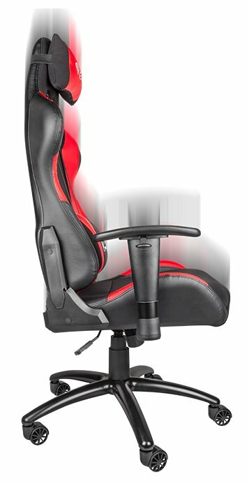 Krzesło gamingowe w kolorze czarnym i czerwonym, widok z boku, z regulowanymi podłokietnikami.