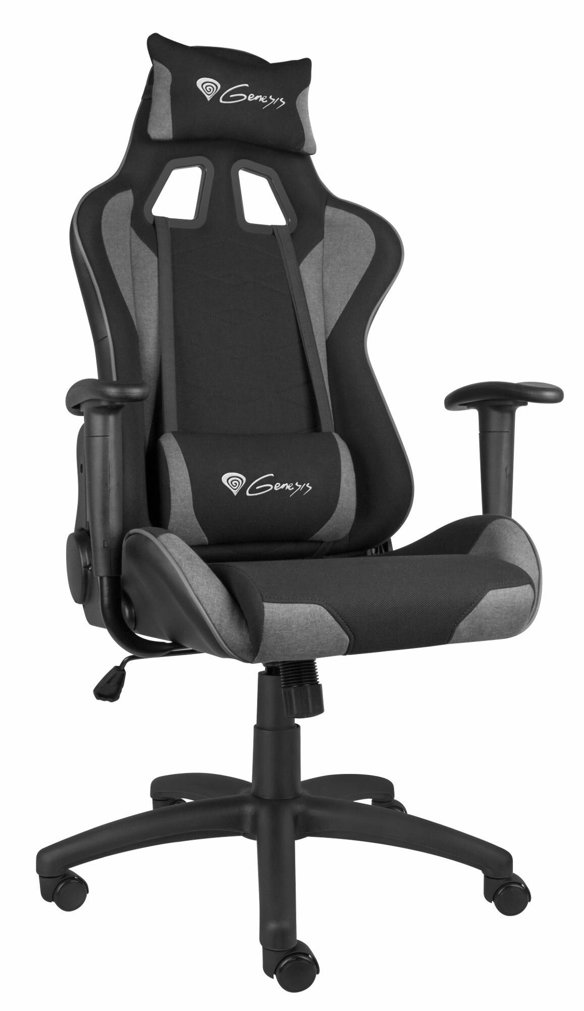 Czarny i szary fotel gamingowy Genesis z zagłówkiem i podparciem lędźwiowym na białym tle.
