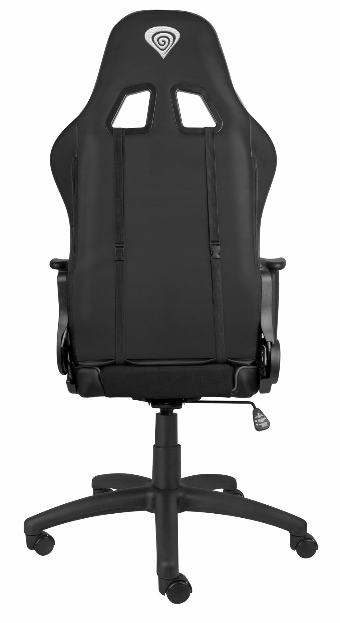 Widok z tyłu czarnego fotela gamingowego na białym tle.